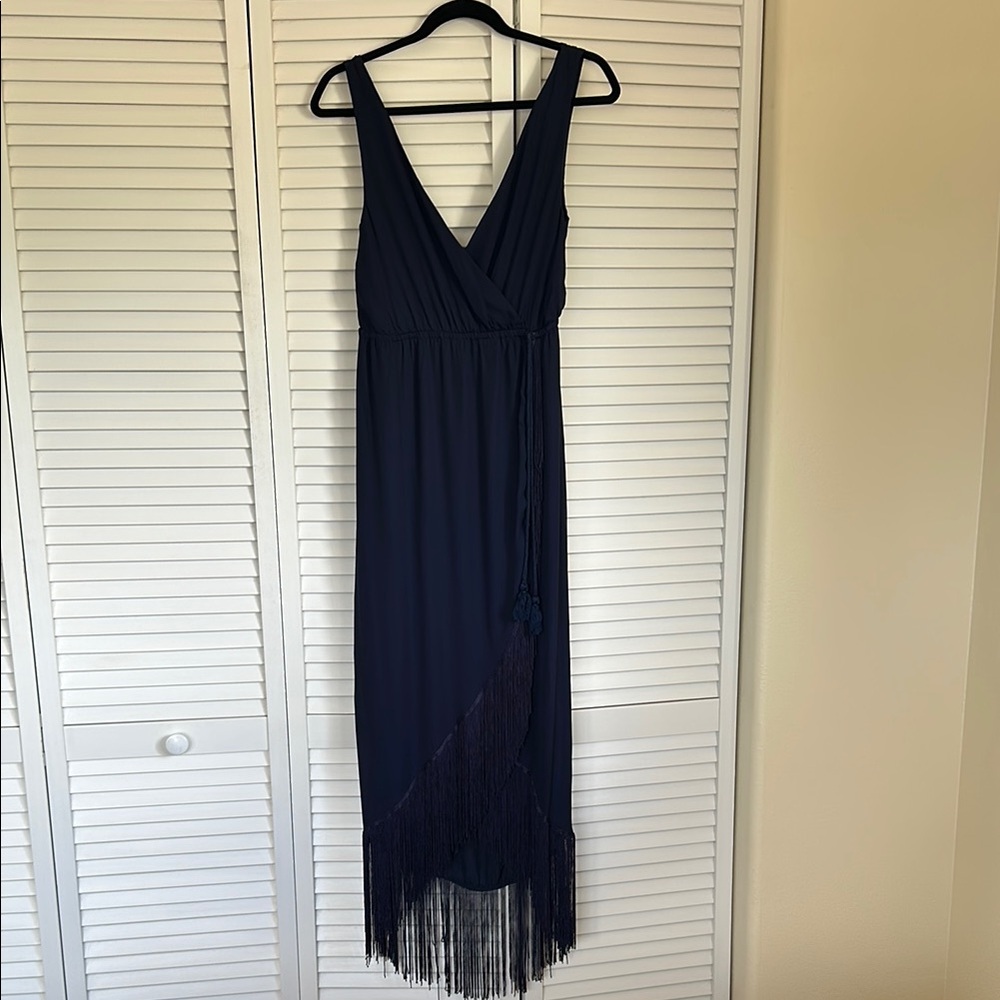 Navy Maxi Fringe Gown with V-Neck and Sleeveless Design